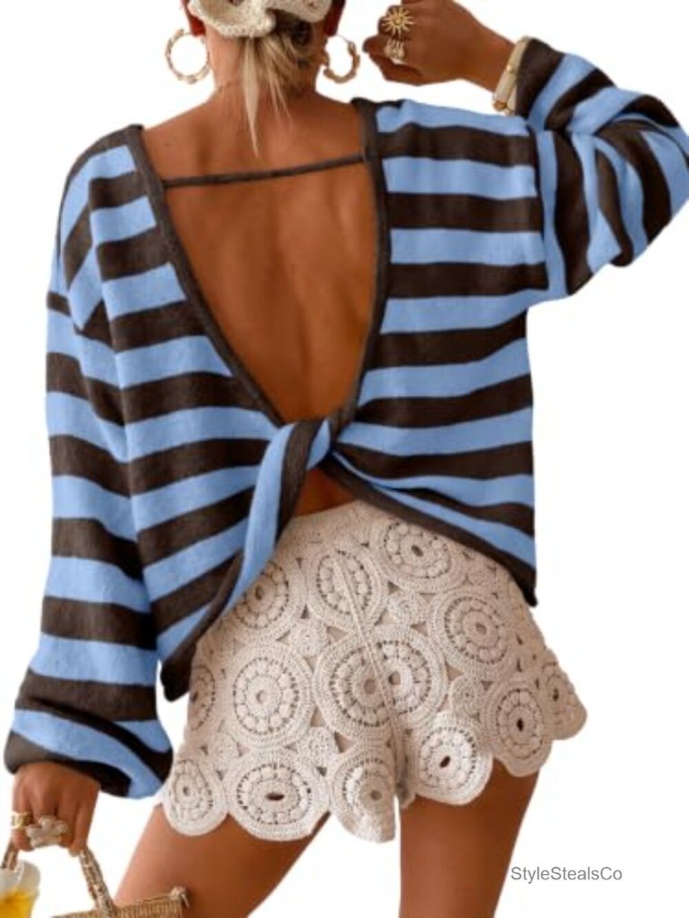 Striped Open Back Twist Knot Sweater Oversized Pullover
